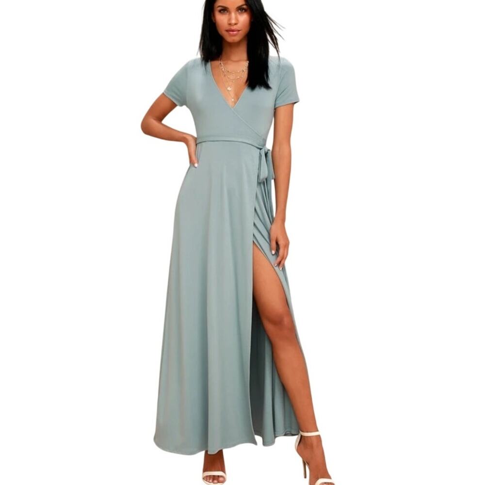 Lulus Slate Blue Evolve Wrap Maxi Dress Womens XS Surplice Long Bridesmaid